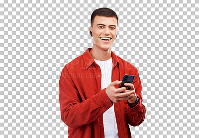 Buy stock photo Man, student and phone for listening to music, audio streaming service and social media in portrait. Face of happy young person in earphones and mobile chat isolated on a transparent png background