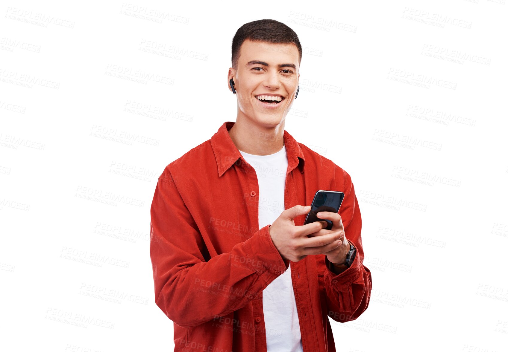 Buy stock photo Man, student and phone for listening to music, audio streaming service and social media in portrait. Face of happy young person in earphones and mobile chat isolated on a transparent png background