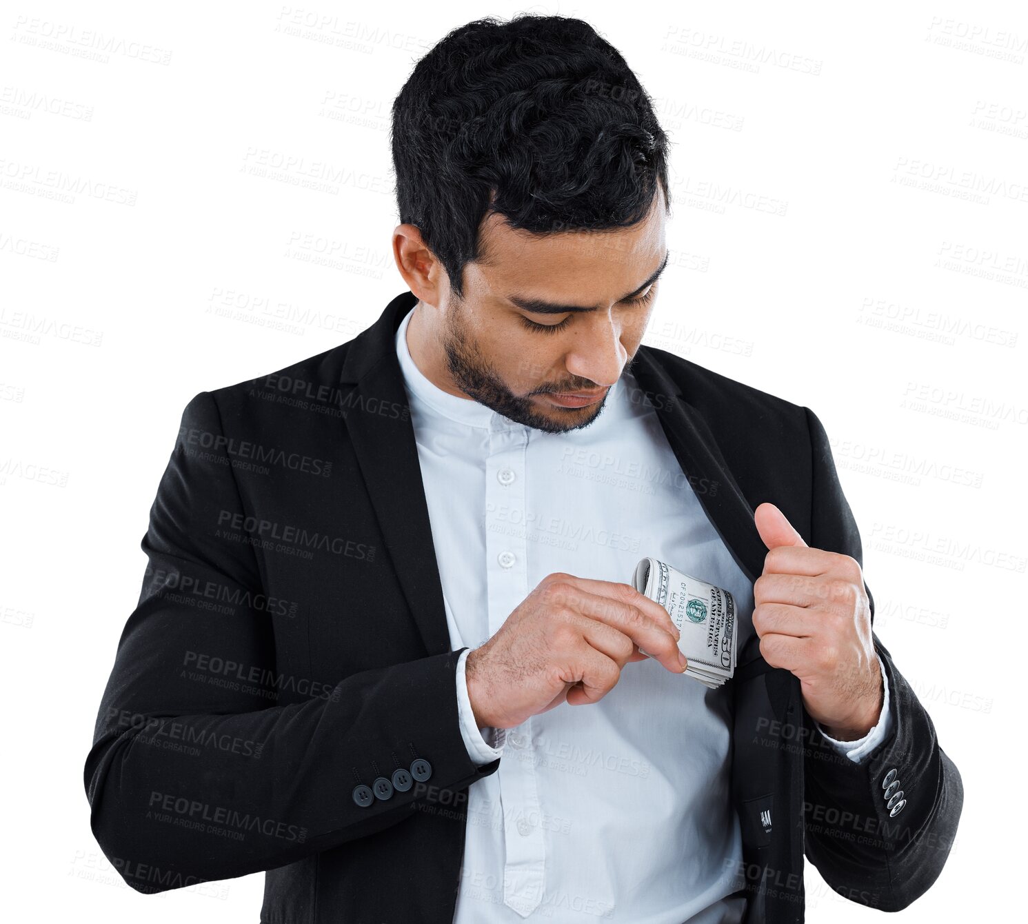 Buy stock photo Business man, cash and bribe or corruption for deal or criminal on isolated transparent png background. Corporate worker, accounting and stocks for trading as scammer in crime or money laundering