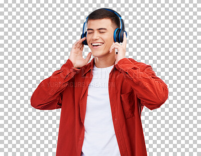 Man, student and headphones for listening to music, audio streaming service and podcast for wellness. Young happy person with sound, electronics and radio isolated on a transparent png background