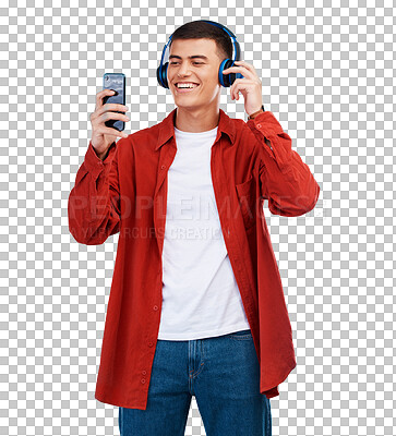 Happy man, phone and listening to music with headphones isolated on a transparent PNG background. Male person smile in relax for audio streaming, sound or playlist on headset or mobile smartphone app