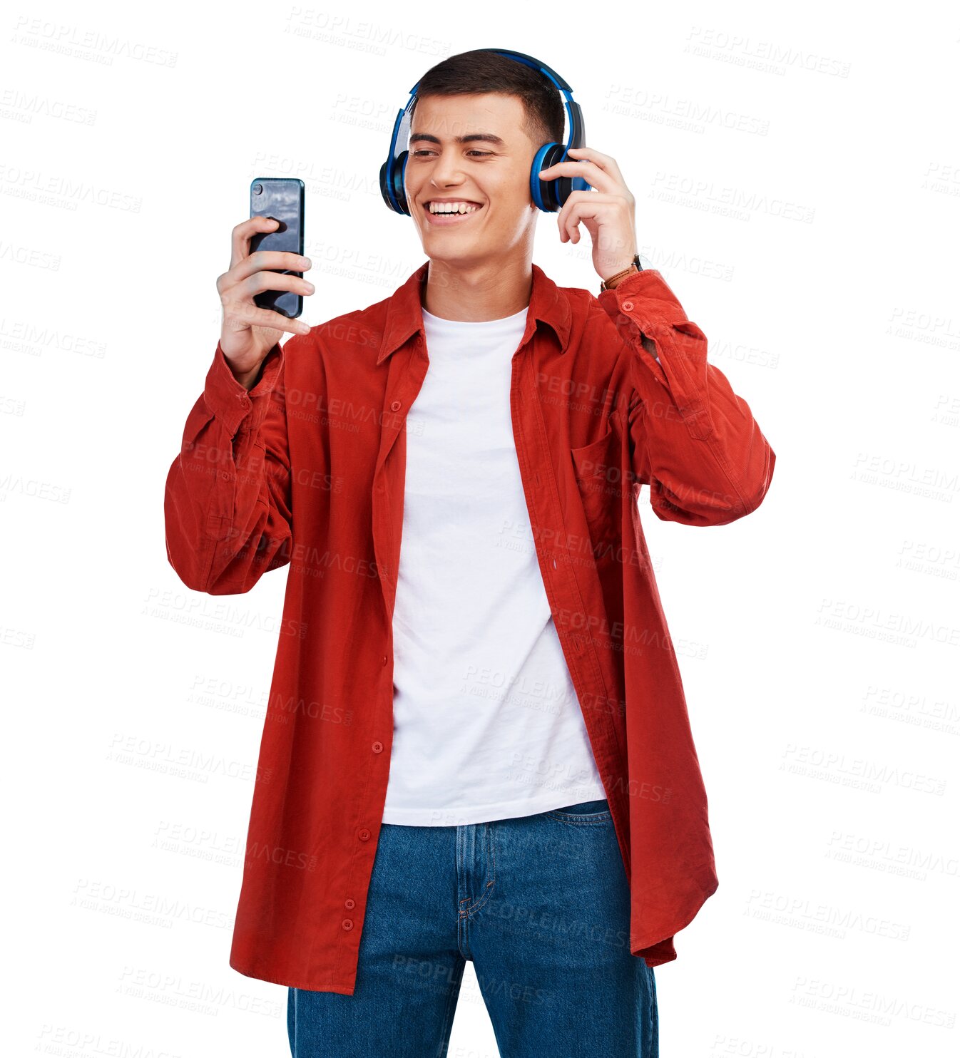 Buy stock photo Happy man, phone and listening to music with headphones isolated on a transparent PNG background. Male person smile in relax for audio streaming, sound or playlist on headset or mobile smartphone app