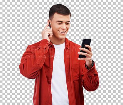 Happy man, phone and earphones for listening to music isolated on a transparent PNG background. Male person smile with earpieces for audio streaming, sound track or playlist on mobile smartphone app
