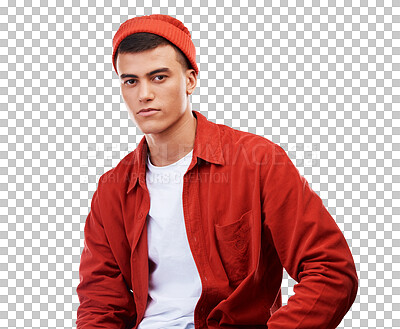 College student, portrait and man with streetwear, fashion and style of gen z on transparent, isolated or png background. Serious, face and person with cool, confidence or casual pose in university