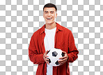 Happy, portrait and man with football for sport, fitness and getting ready for a game. Soccer, person or player for cardio, competition or athlete equipment isolated on a transparent png background