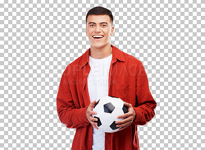 Buy stock photo Happy, portrait and man with football for sport, fitness and getting ready for a game. Soccer, person or player for cardio, competition or athlete equipment isolated on a transparent png background