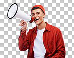 Happy man, portrait and megaphone for announcement or deal isolated on a transparent PNG background. Male person smile with bullhorn or loudspeaker in alert, sale or discount with voice for promotion