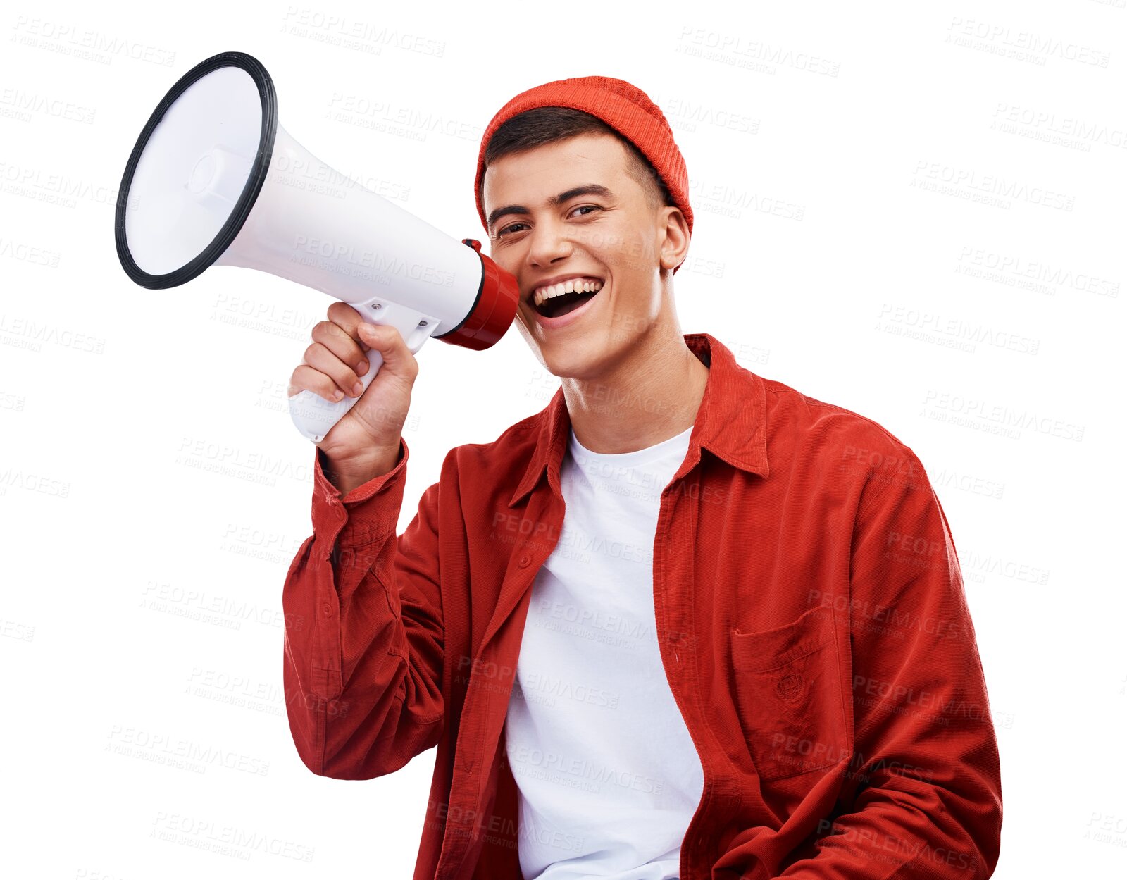 Buy stock photo Happy man, portrait and megaphone for announcement or deal isolated on a transparent PNG background. Male person smile with bullhorn or loudspeaker in alert, sale or discount with voice for promotion