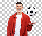 Portrait, soccer ball and man with a celebration, smile and playing with joy isolated on a transparent background. Face, person or guy with football, fitness or png with motion, happiness or exercise