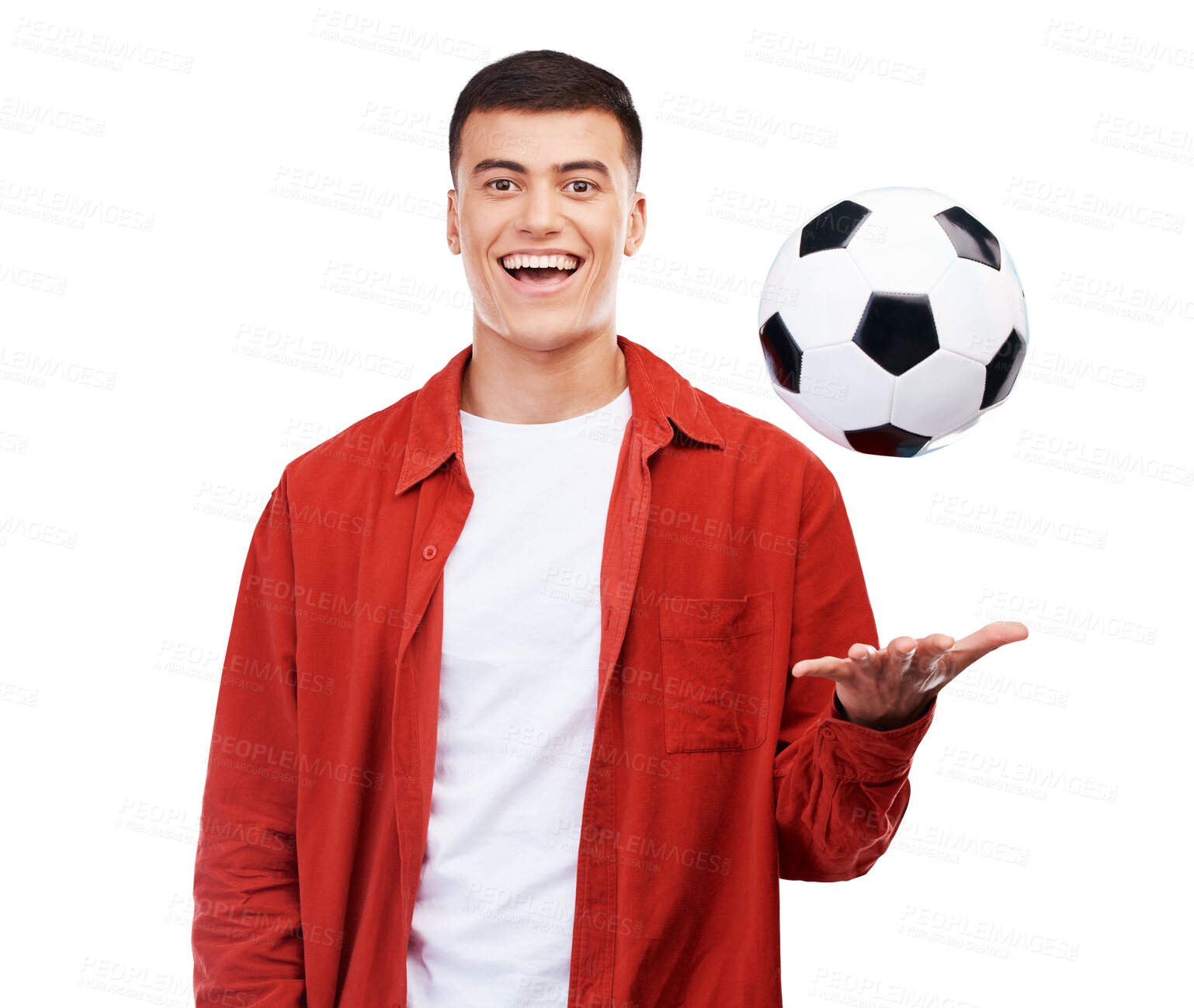 Buy stock photo Portrait, soccer ball and man with a celebration, smile and playing with joy isolated on a transparent background. Face, person or guy with football, fitness or png with motion, happiness or exercise