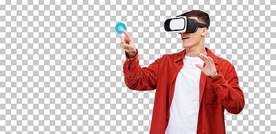 Man, press and VR or futuristic glasses for online education, 3d learning or gaming in metaverse. Student or gamer in virtual reality, touch glow and hologram isolated on transparent png background