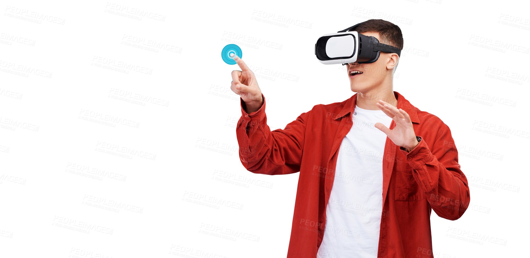 Buy stock photo Man, press and VR or futuristic glasses for online education, 3d learning or gaming in metaverse. Student or gamer in virtual reality, touch glow and hologram isolated on transparent png background