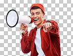 Happy man, portrait and megaphone pointing to you for deal isolated on a transparent PNG background. Male person smile with bullhorn, loudspeaker or announcement for sale discount, voice or promotion