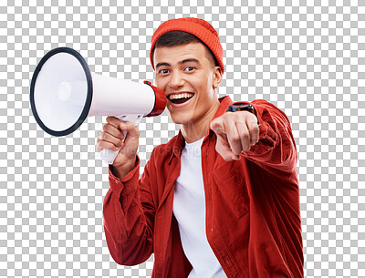 Buy stock photo Happy man, portrait and megaphone pointing to you for deal isolated on a transparent PNG background. Male person smile with bullhorn, loudspeaker or announcement for sale discount, voice or promotion