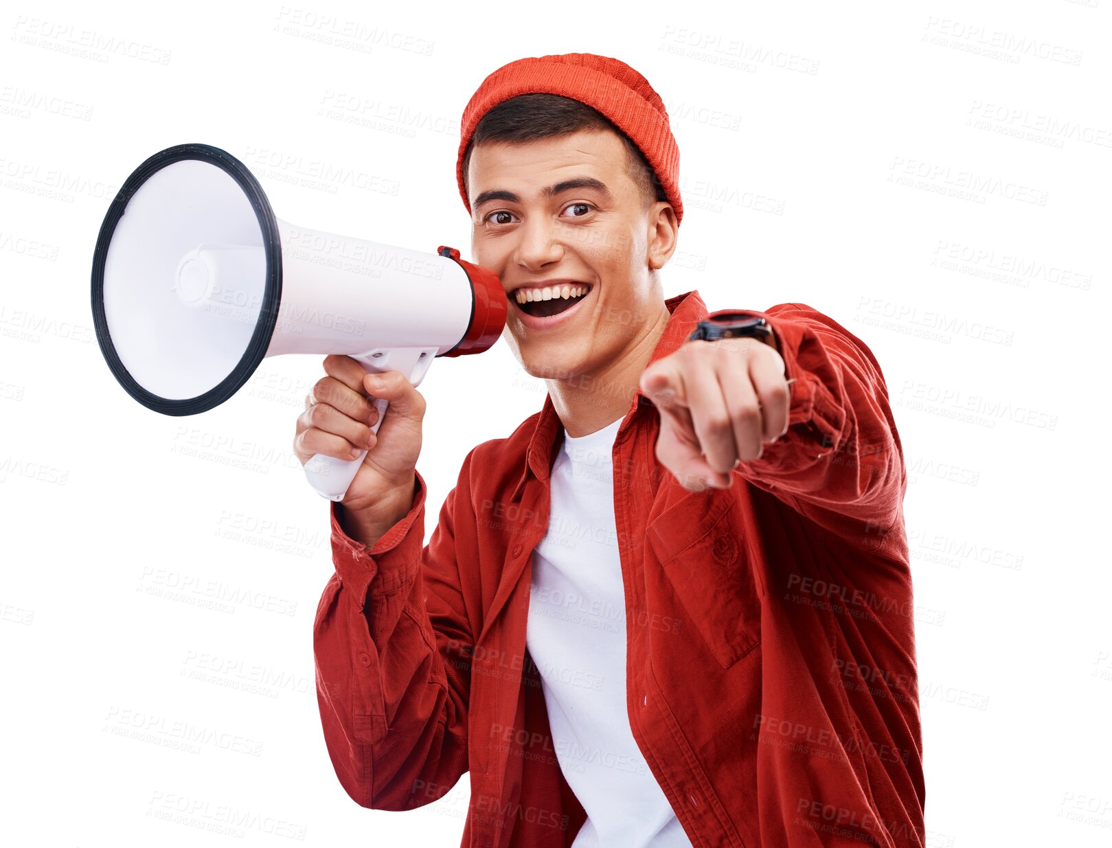 Buy stock photo Happy man, portrait and megaphone pointing to you for deal isolated on a transparent PNG background. Male person smile with bullhorn, loudspeaker or announcement for sale discount, voice or promotion