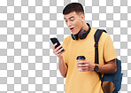 Man, student surprise and phone of education news, social media update or e learning results. Happy person in backpack on mobile and wow for university feedback isolated on transparent png background