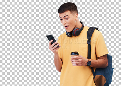 Man, student surprise and phone of education news, social media update or e learning results. Happy person in backpack on mobile and wow for university feedback isolated on transparent png background