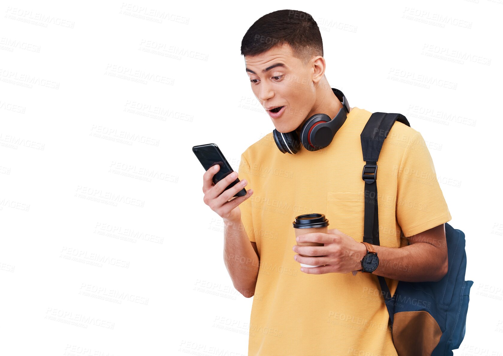 Buy stock photo Man, student surprise and phone of education news, social media update or e learning results. Happy person in backpack on mobile and wow for university feedback isolated on transparent png background