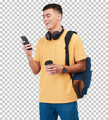 Man, student and phone for social media, education chat and e learning communication with headphones and backpack. Person on mobile for college travel and news isolated on transparent png background