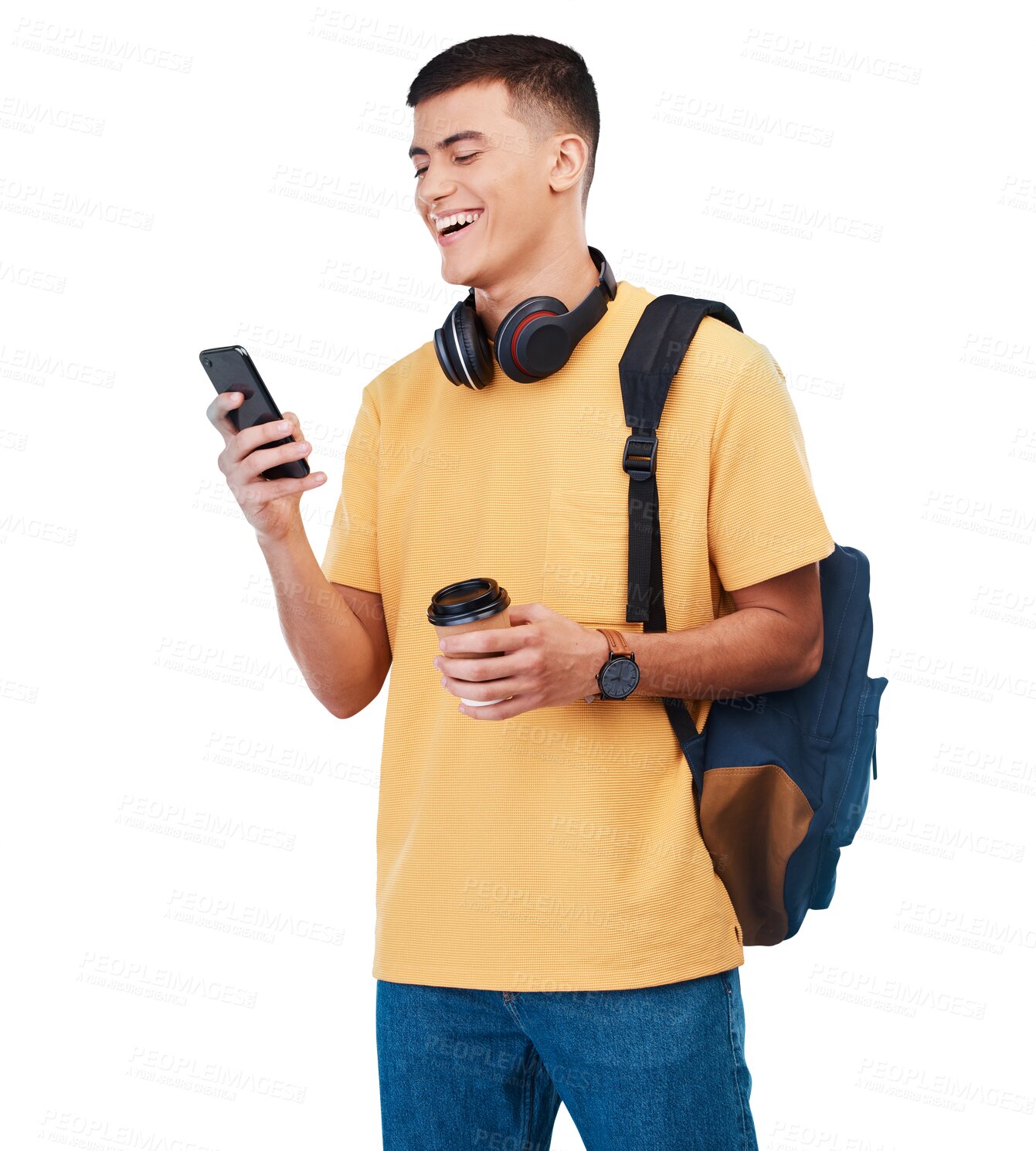 Buy stock photo Man, student and phone for social media, education chat and e learning communication with headphones and backpack. Person on mobile for college travel and news isolated on transparent png background