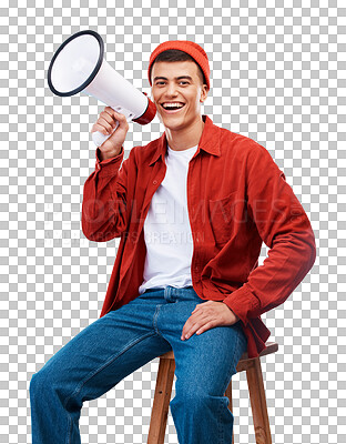 Buy stock photo Megaphone, smile and portrait of man with an announcement, good news and communication. Bullhorn, happy and young male model from Canada with casual fashion isolated by transparent png background.