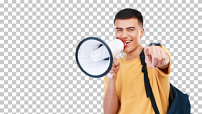 Buy stock photo Student, man and megaphone for winner choice in announcement, broadcast or join us for opportunity. Face of young person pointing you for education and school isolated on transparent png background