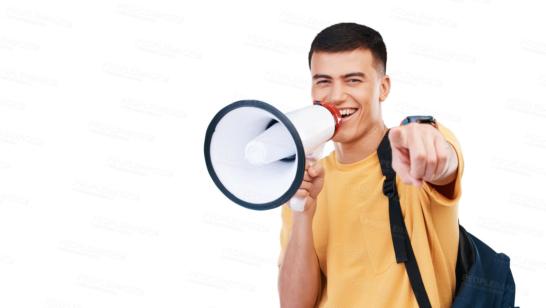 Buy stock photo Student, man and megaphone for winner choice in announcement, broadcast or join us for opportunity. Face of young person pointing you for education and school isolated on transparent png background