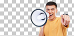 Young man, megaphone and announcement, choice or broadcast for winner, join us or winning opportunity. Face of person with voice, pointing you and competition isolated on a transparent png background