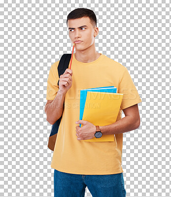Thinking, education and man with an idea for school, exam or learning knowledge for college. Question, doubt and a male student with a solution for university isolated on a transparent png background