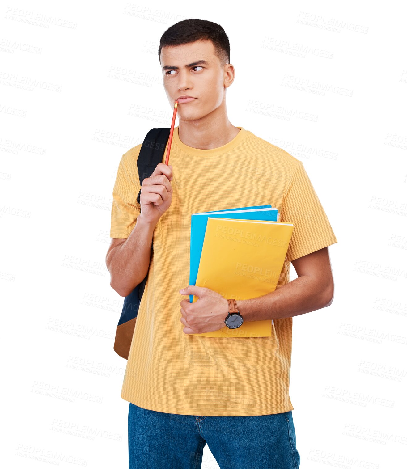 Buy stock photo Thinking, education and man with an idea for school, exam or learning knowledge for college. Question, doubt and a male student with a solution for university isolated on a transparent png background