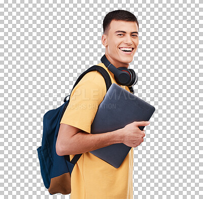Face, happy man and laptop for education, university and learning in studio on transparent png background with backpack. Digital, student and person with tech for research and information to study