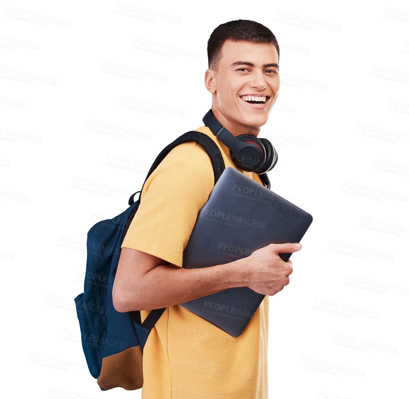 Buy stock photo Face, happy man and laptop for education, university and learning in studio on transparent png background with backpack. Digital, student and person with tech for research and information to study