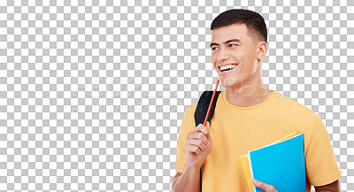 Student, young man has smile with books and education, university and backpack isolated on png transparent background. Learning material, notebook and college scholarship for academic development