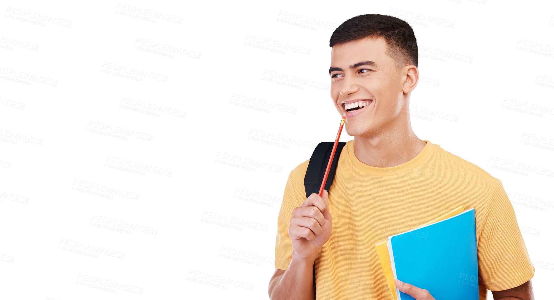 Buy stock photo Student, young man has smile with books and education, university and backpack isolated on png transparent background. Learning material, notebook and college scholarship for academic development