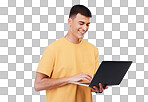 Man, student and laptop for education, e learning studying and college research or registration FAQ. Person typing, computer and online university application, isolated on transparent png background