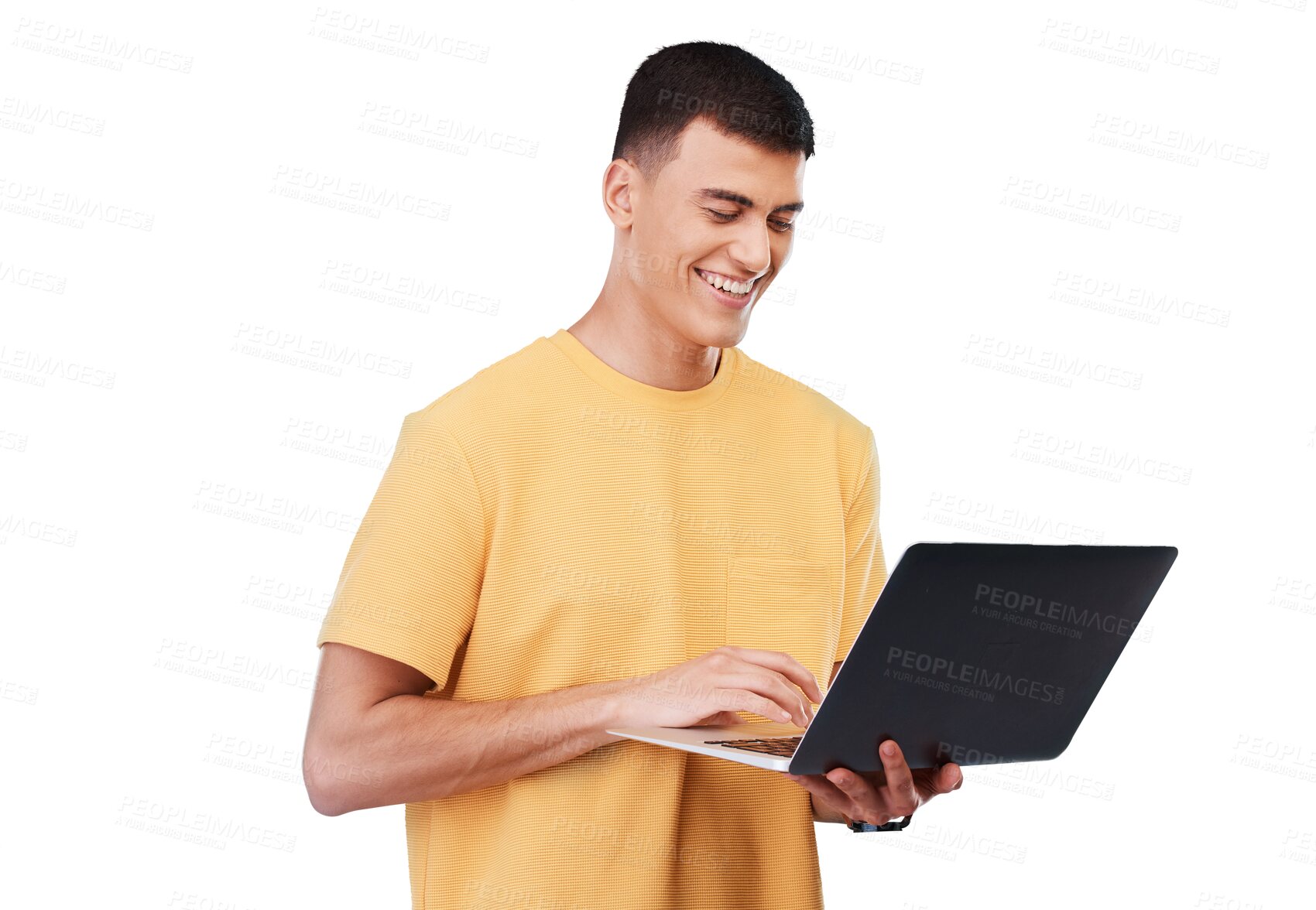 Buy stock photo Man, student and laptop for education, e learning studying and college research or registration FAQ. Person typing, computer and online university application, isolated on transparent png background