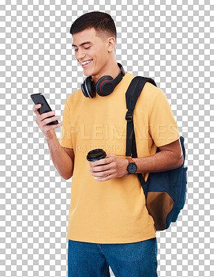 Happy man, student and phone in social media or communication isolated against a transparent PNG background. Male person smile with coffee and backpack for online networking on mobile smartphone app