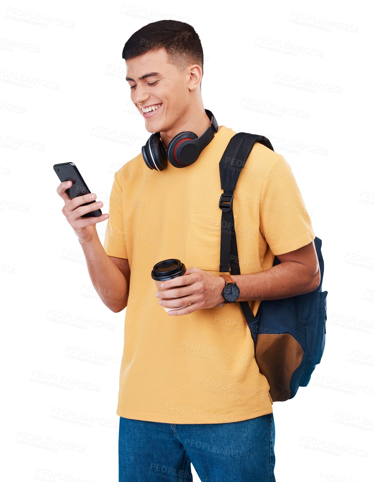 Buy stock photo Happy man, student and phone in social media or communication isolated against a transparent PNG background. Male person smile with coffee and backpack for online networking on mobile smartphone app