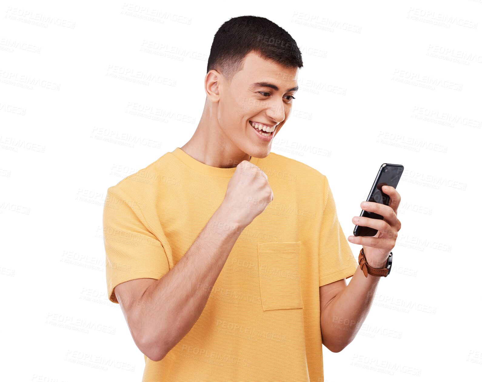 Buy stock photo Happy man, phone and fist pump in celebration, winning or good news isolated against a transparent PNG background. Excited male person smile for deal, sale or online discount on mobile smartphone app