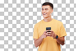 Happy man, phone and thinking in social media or communication isolated on a transparent PNG background. Male person smile, typing or online texting, chatting or networking on mobile smartphone app