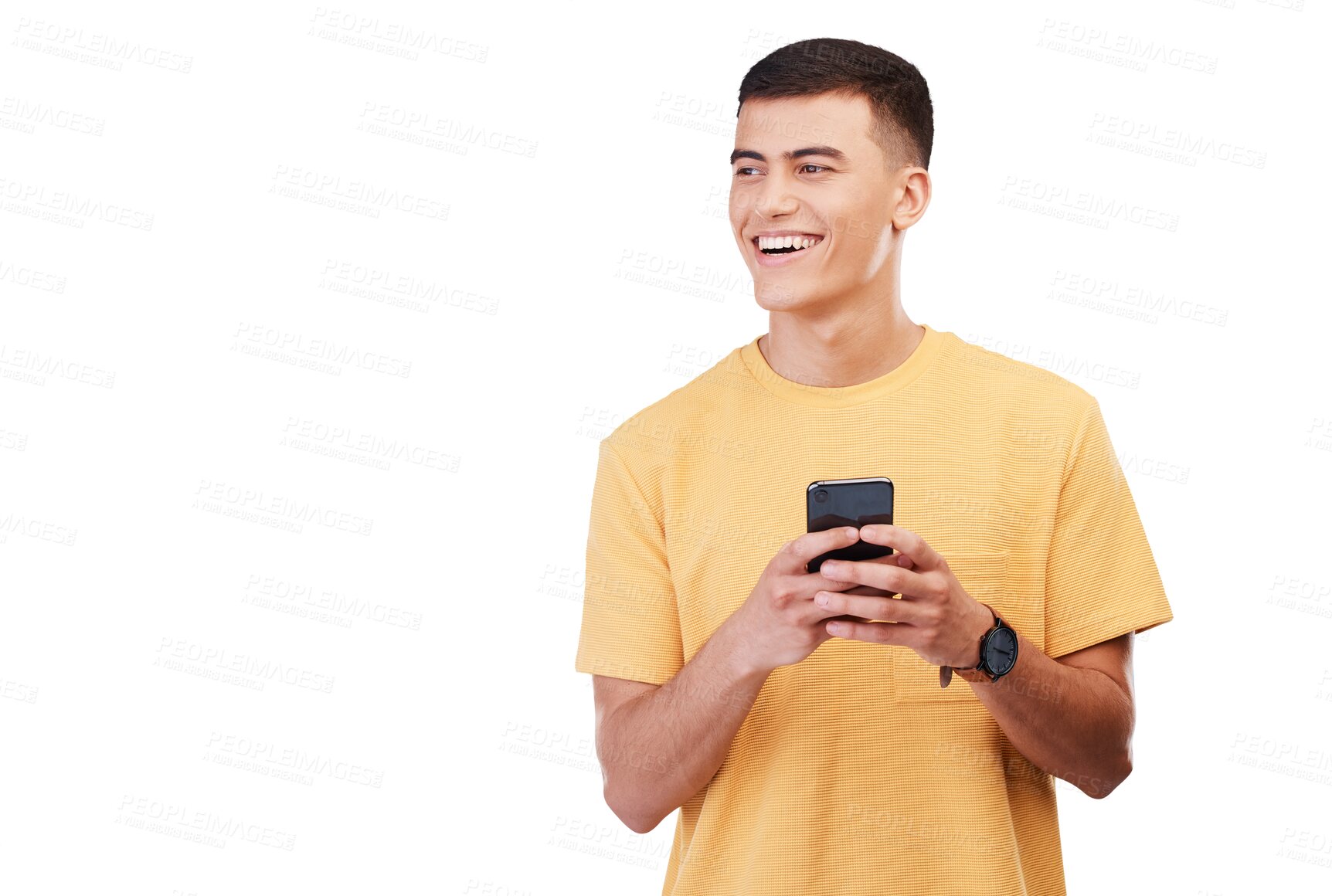 Buy stock photo Happy man, phone and thinking in social media or communication isolated on a transparent PNG background. Male person smile, typing or online texting, chatting or networking on mobile smartphone app