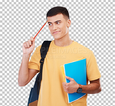 Buy stock photo Thinking, smile and man with an idea for school, exam or learning knowledge for college. Question, doubt and a male student with a solution for university isolated on a transparent png background