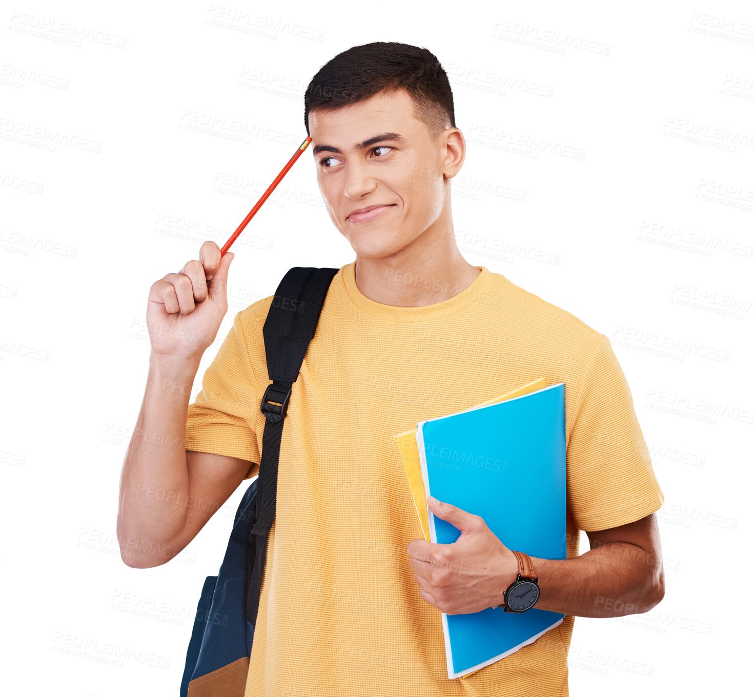 Buy stock photo Thinking, smile and man with an idea for school, exam or learning knowledge for college. Question, doubt and a male student with a solution for university isolated on a transparent png background