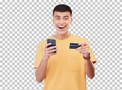 Buy stock photo Phone, surprise and portrait of man with credit card for online shopping payment, winning deal or discount. Excited face, plastic money and mobile for success isolated on a transparent png background