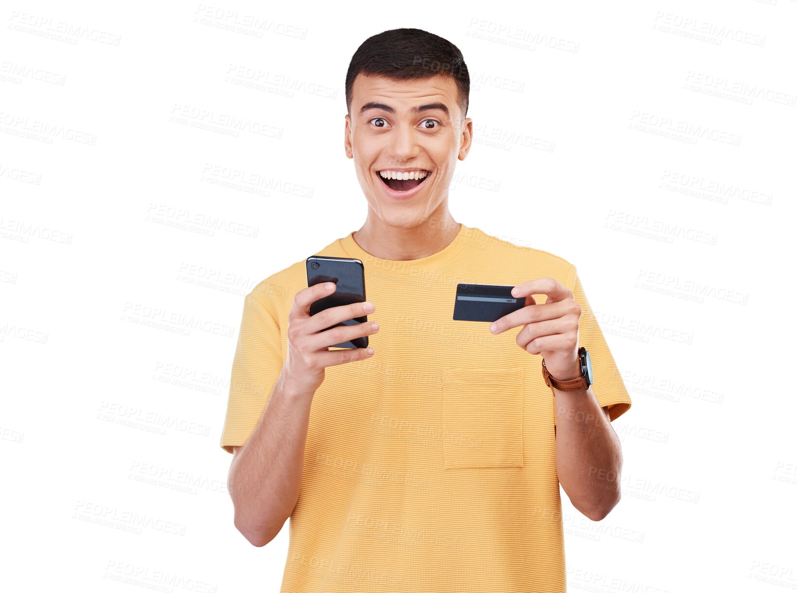 Buy stock photo Phone, surprise and portrait of man with credit card for online shopping payment, winning deal or discount. Excited face, plastic money and mobile for success isolated on a transparent png background