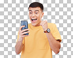 Man, student and winner for phone news, college results or online competition and success, yes or wow. Young person on mobile, education or learning achievement isolated on transparent png background