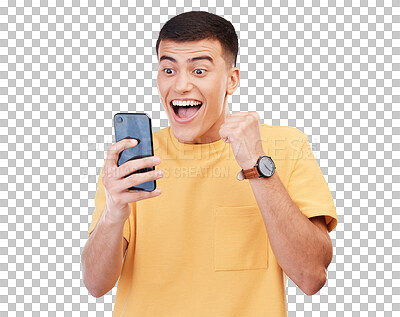 Buy stock photo Man, student and winner for phone news, college results or online competition and success, yes or wow. Young person on mobile, education or learning achievement isolated on transparent png background