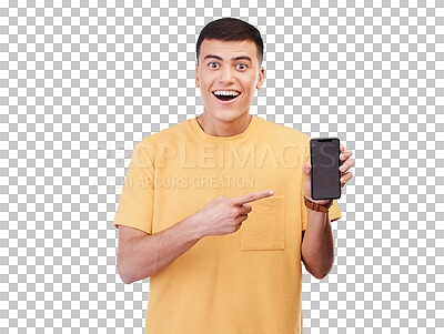 Buy stock photo Happy man, phone and pointing on screen or mockup isolated on a transparent PNG background. Portrait of male person in surprise, wow or showing mobile smartphone app or display in advertising or deal