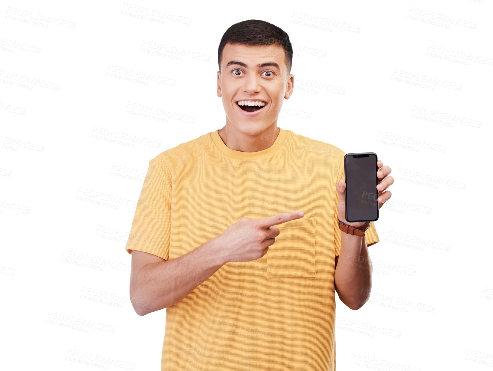 Buy stock photo Happy man, phone and pointing on screen or mockup isolated on a transparent PNG background. Portrait of male person in surprise, wow or showing mobile smartphone app or display in advertising or deal