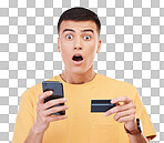 Phone, wow and portrait of man with credit card for online shopping, winning deal and promotion payment. Surprise face, plastic money and smartphone for success isolated on transparent png background